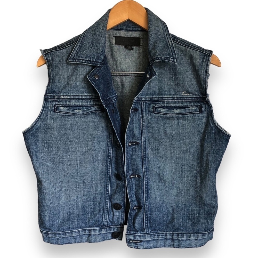 True Religion World Tour Bristol Y2K Denim Cut Off Vest Women’s Size Large